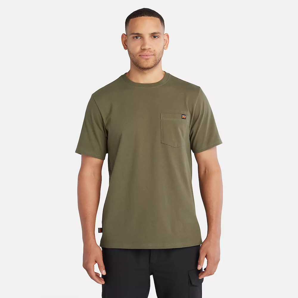 Olive Timberland PRO Core Pocket T-Shirt for Men. Cotton blend fabric for comfort and breathability. Reinforced stitching for durability. Classic crewneck silhouette. Chest pocket for utility. Machine washable.