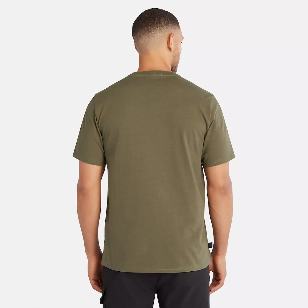 Olive Timberland® PRO Core Pocket T-Shirt for Men. Cotton blend fabric for comfort and breathability. Reinforced stitching for durability. Classic crewneck silhouette. Chest pocket for utility. Machine washable.