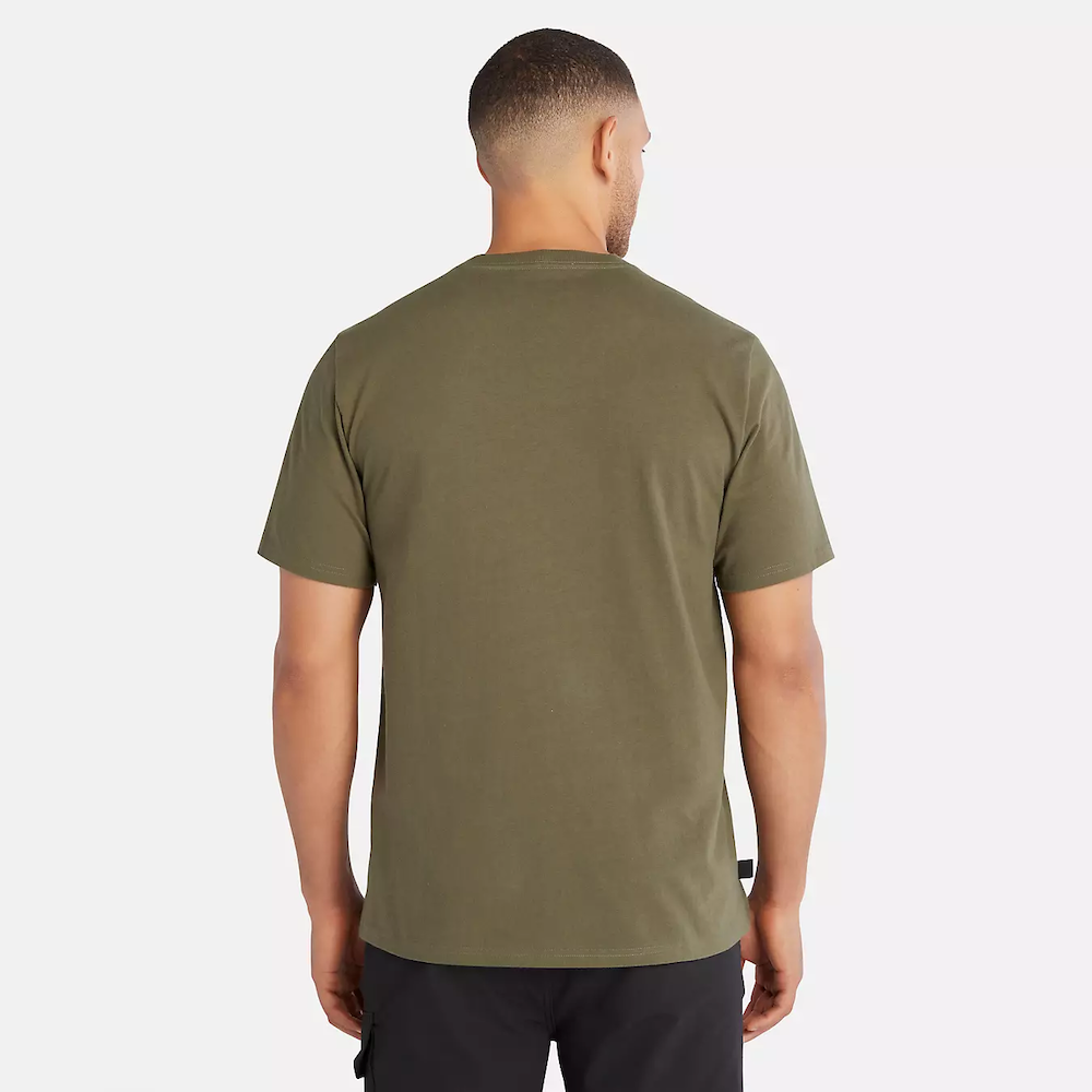 Olive Timberland PRO Core Pocket T-Shirt for Men. Cotton blend fabric for comfort and breathability. Reinforced stitching for durability. Classic crewneck silhouette. Chest pocket for utility. Machine washable.