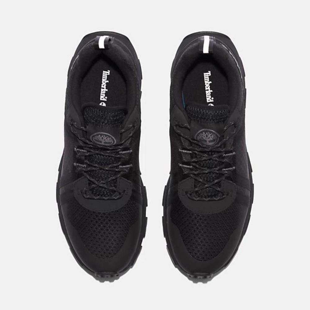 Black Timberland¡ Winsor Trail Sneaker. Recycled mesh upper for breathability and eco-friendliness. Cushioned comfort with OrthoLitefootbed. GreenStridemidsole for comfort and sustainability. Built for everyday adventures.