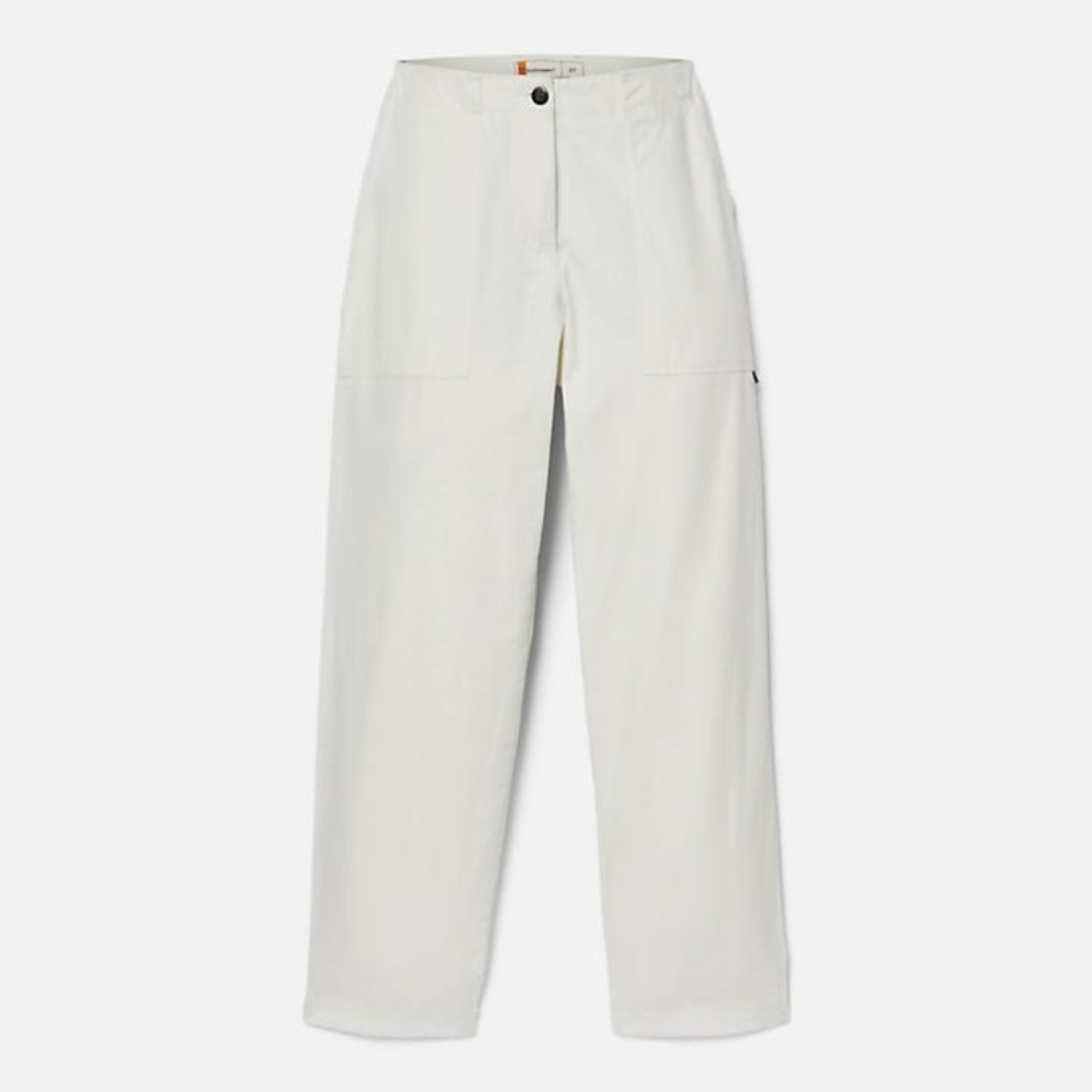 Vintage white Timberland¡ Utility Fatigue Trousers for Women. Heavy-duty cotton twill for durability. Straight leg with slight taper. Cargo pocket with flap and side pockets for storage. Button and fly closure. Fixed waist.