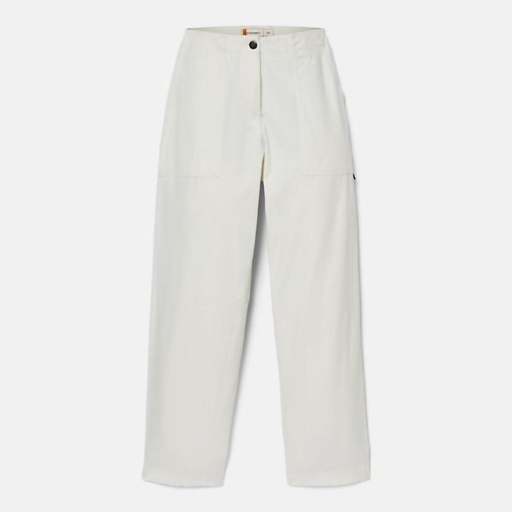 Vintage white Timberland‚® Utility Fatigue Trousers for Women. Heavy-duty cotton twill for durability. Straight leg with slight taper. Cargo pocket with flap and side pockets for storage. Button and fly closure. Fixed waist.