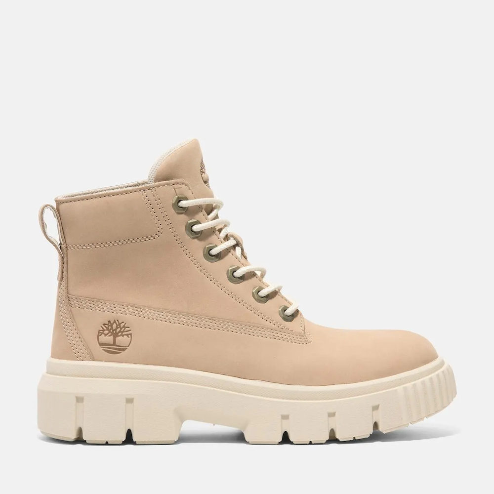 Timberland® Greyfield Mid Lace-Up Boot for Women. Leather boot with lace-up closure, ReBOTL™ lining, and comfortable cushioning.  Versatile for casual wear and urban exploring.