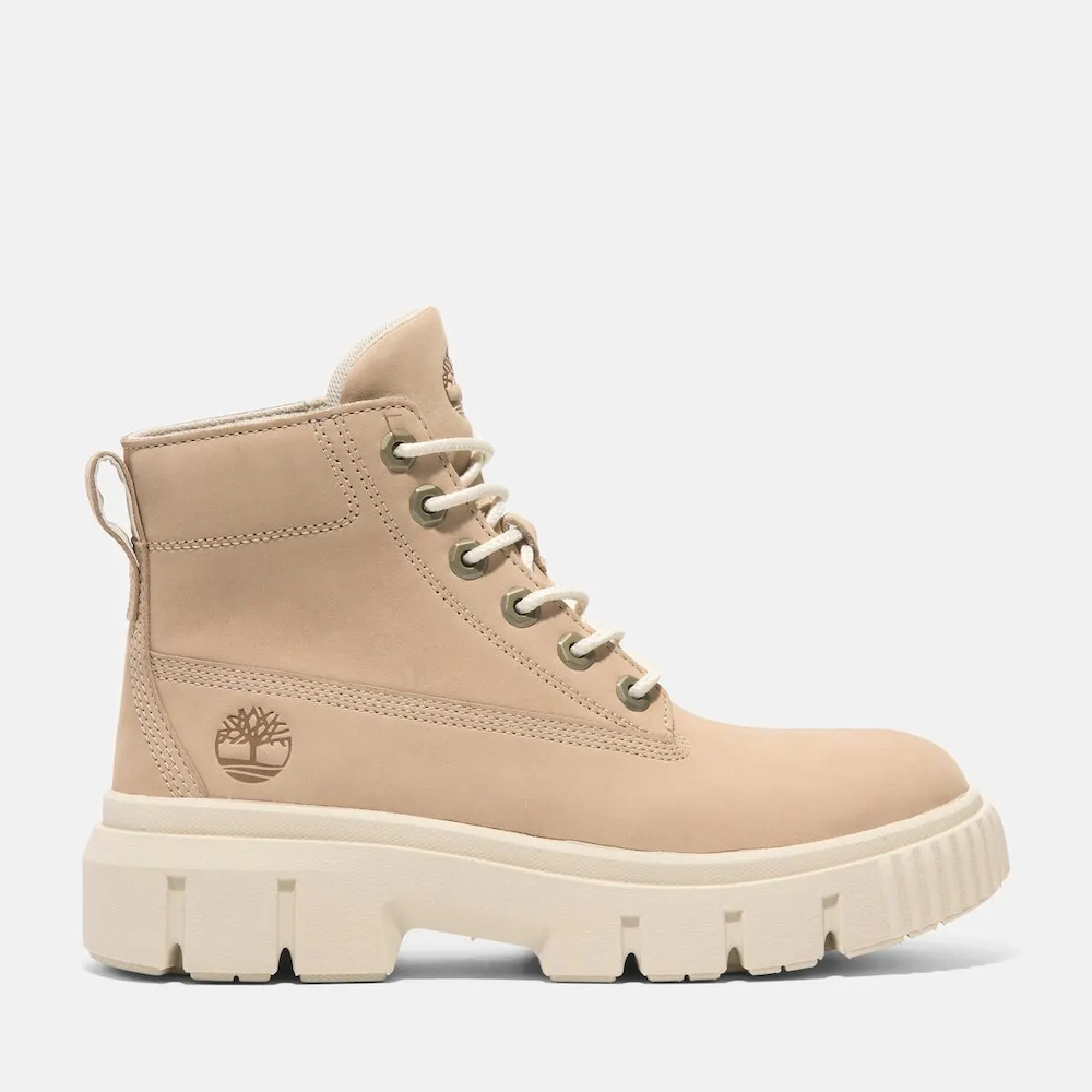 Timberland Greyfield Mid Lace-Up Boot for Women. Leather boot with lace-up closure, ReBOTL lining, and comfortable cushioning.  Versatile for casual wear and urban exploring.