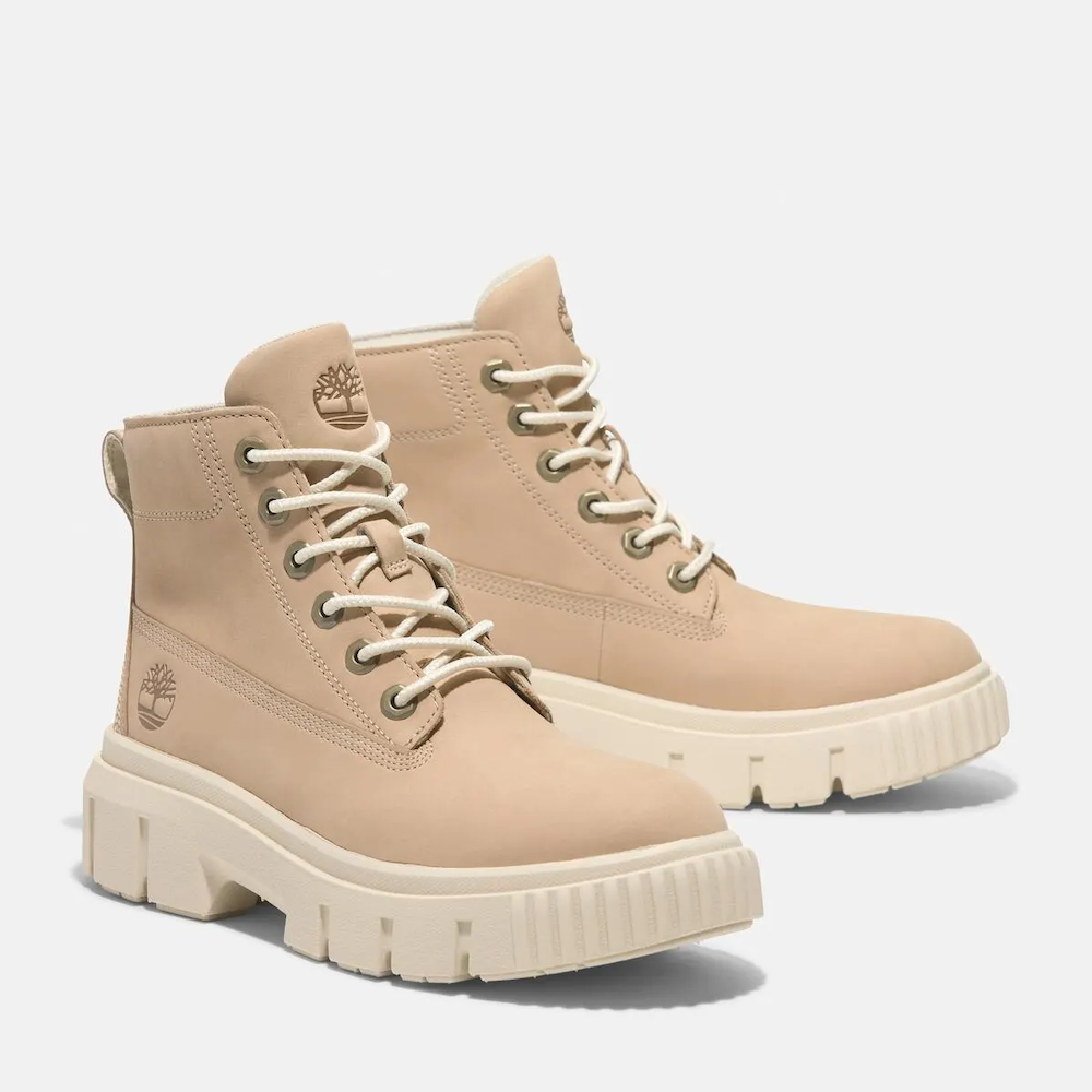 Timberland® Greyfield Mid Lace-Up Boot for Women. Leather boot with lace-up closure, ReBOTL™ lining, and comfortable cushioning.  Versatile for casual wear and urban exploring.