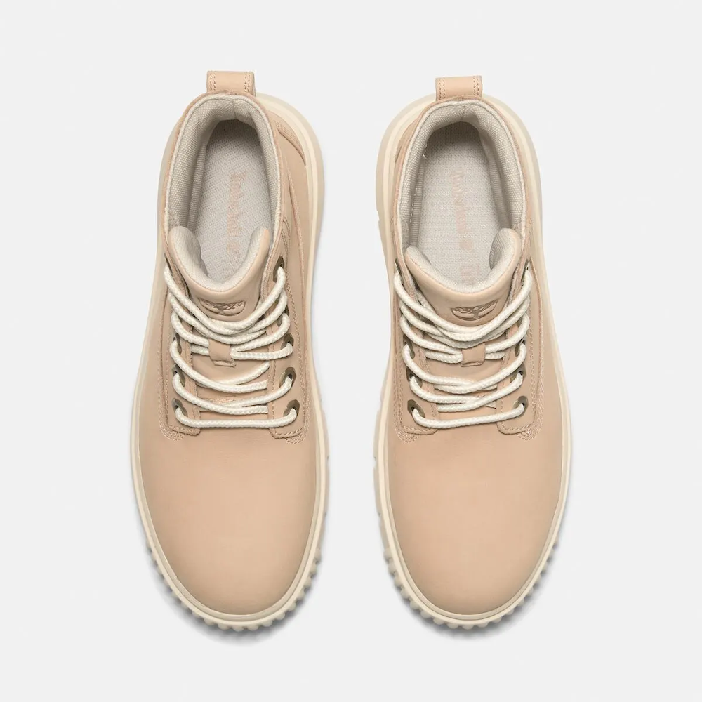 Timberland Greyfield Mid Lace-Up Boot for Women. Leather boot with lace-up closure, ReBOTL lining, and comfortable cushioning.  Versatile for casual wear and urban exploring.