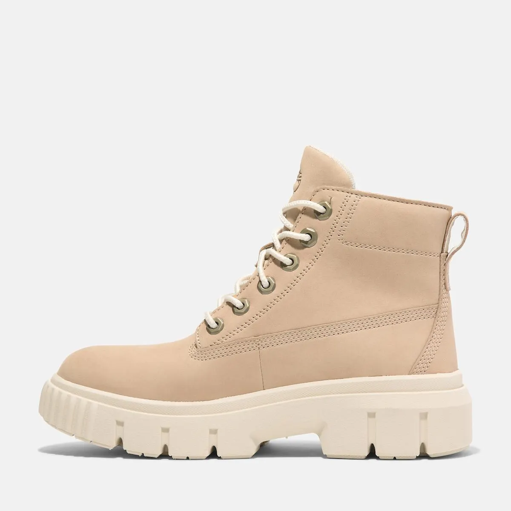 Timberland® Greyfield Mid Lace-Up Boot for Women. Leather boot with lace-up closure, ReBOTL™ lining, and comfortable cushioning.  Versatile for casual wear and urban exploring.