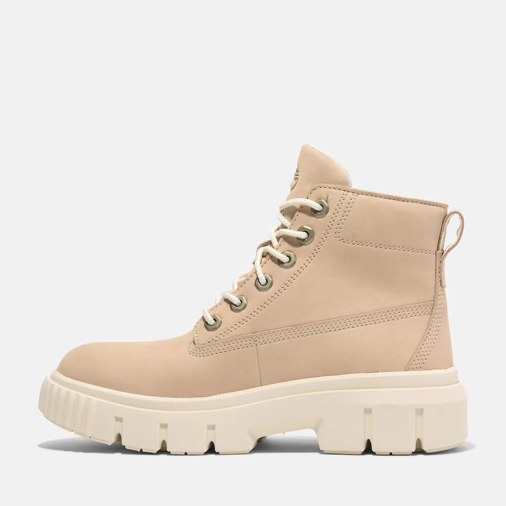 Timberland Greyfield Mid Lace-Up Boot for Women. Leather boot with lace-up closure, ReBOTL lining, and comfortable cushioning.  Versatile for casual wear and urban exploring.