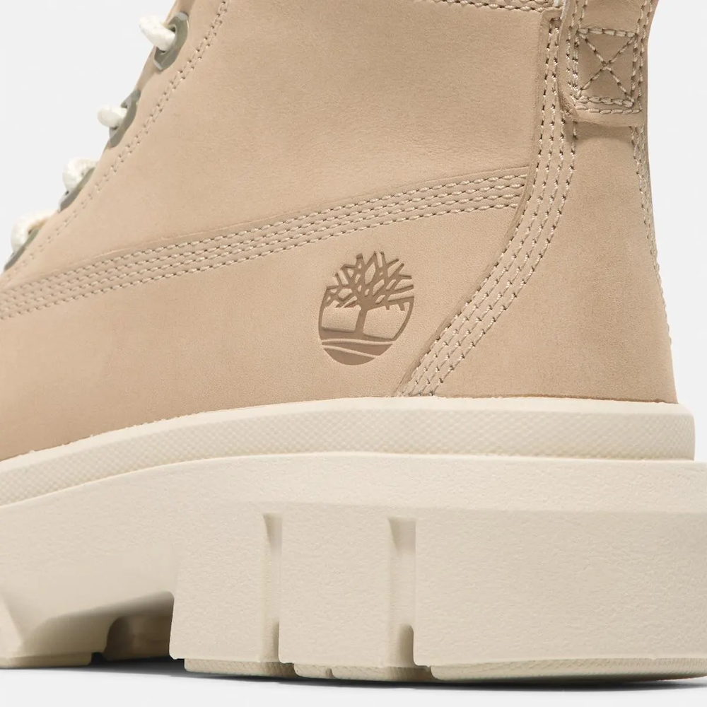 Timberland Greyfield Mid Lace-Up Boot for Women. Leather boot with lace-up closure, ReBOTL lining, and comfortable cushioning.  Versatile for casual wear and urban exploring.