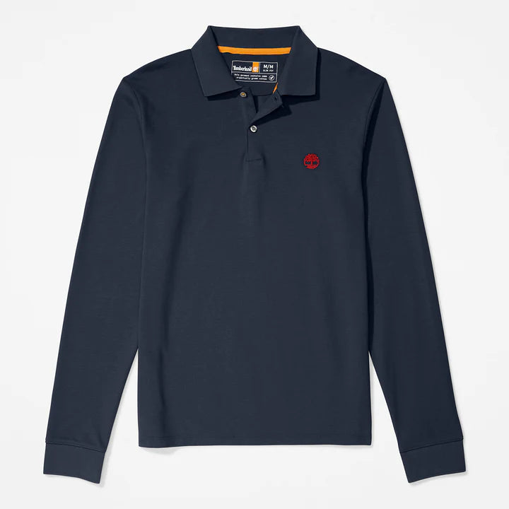 TIMBERLAND MILLERS RIVER LONG SLEEVE SLIM-FIT PIQUE POLO SHIRT FOR MEN IN NAVY